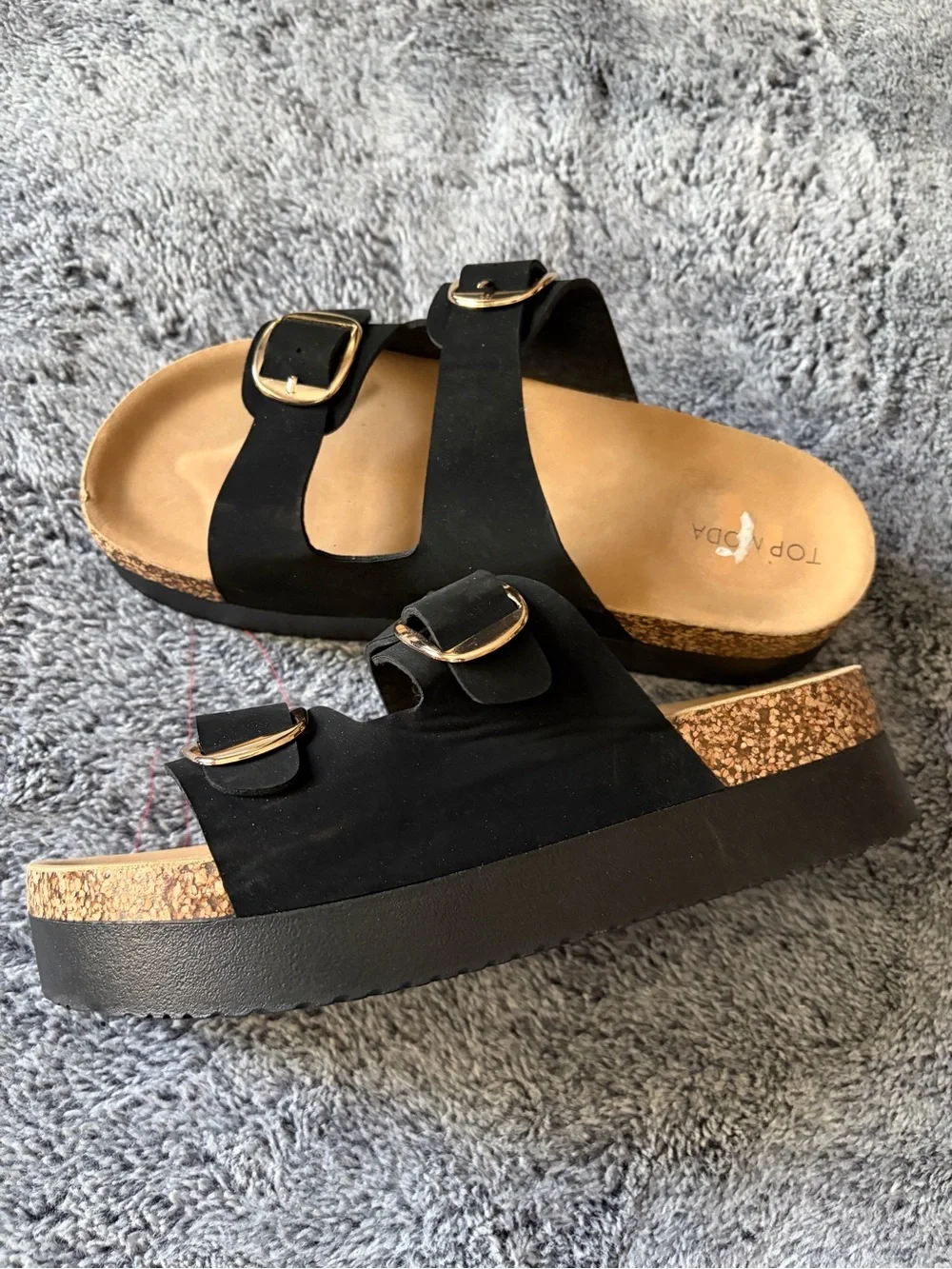 TOP Moda Black Slide Sandals with Gold Buckles